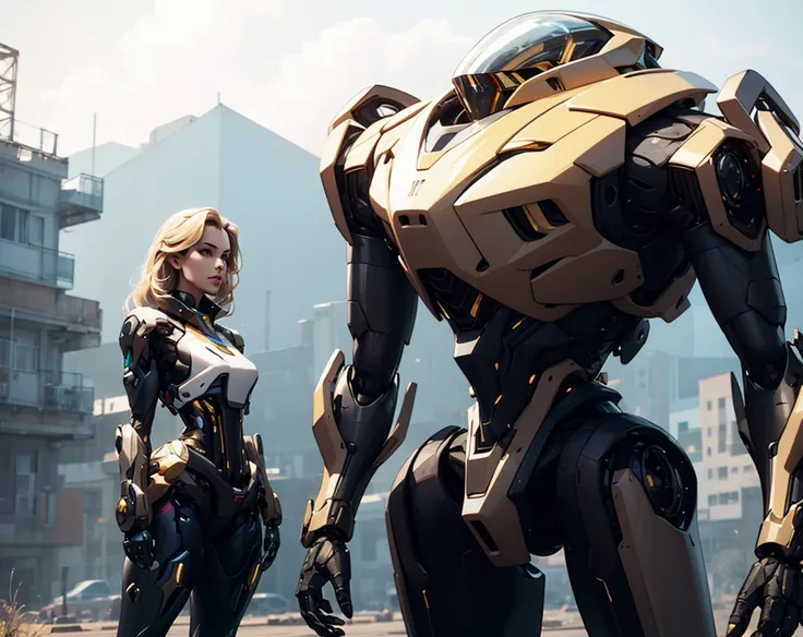 (standing with black and gold mech), mature female, <lora:standing-with-mech:1>, blonde hair, <lora:baimecha:0.2>