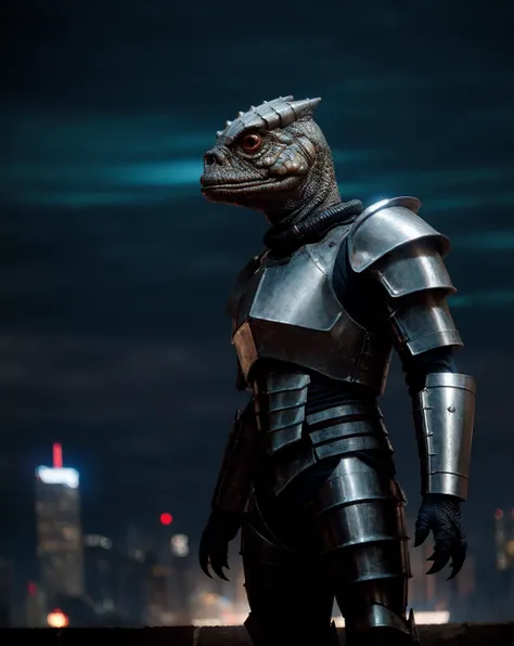 trandoshan alien in armor,roof of a city,professional photograph,detailed, sharp focus, dramatic, award winning, cinematic lighting, octane render, unreal engine, volumetrics dtx, (film grain, bokeh, blurry foreground, blurry background), <lora:Trandoshan:0.8>