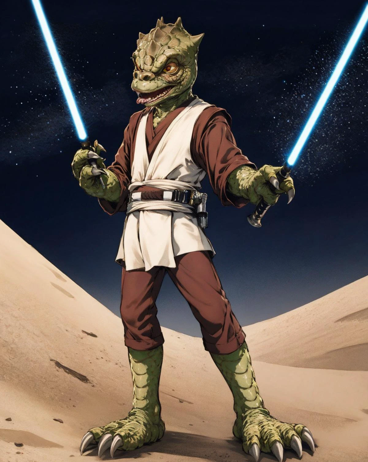 cartoon,trandoshan alien in in jedioutfit,on desert,night,lighstaber<lora:Trandoshan:0.8> <lora:jedioutfit:0.8>