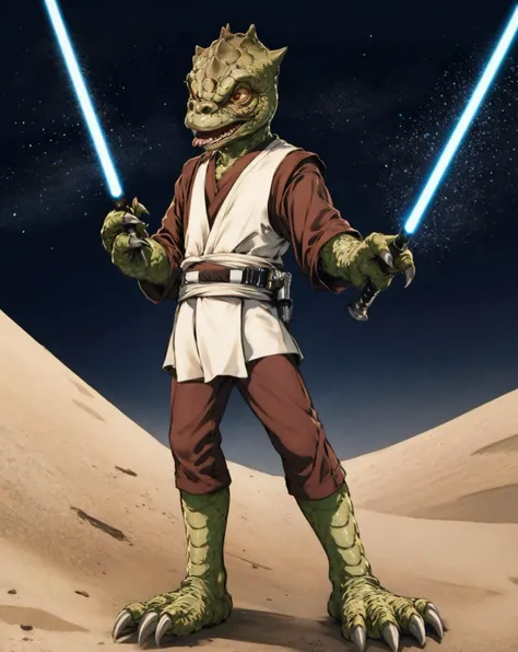 cartoon,trandoshan alien in in jedioutfit,on desert,night,lighstaber<lora:Trandoshan:0.8> <lora:jedioutfit:0.8>