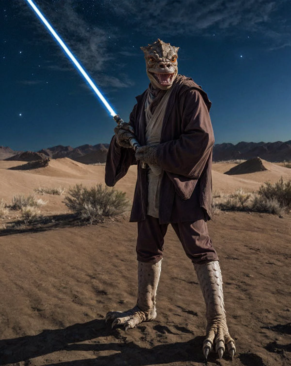 trandoshan alien in in jedioutfit,on desert,night,lighstaber<lora:Trandoshan:0.8> <lora:jedioutfit:0.8>