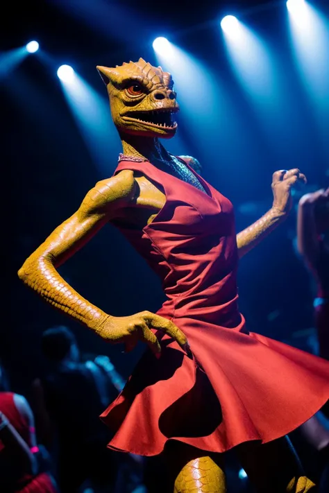 trandoshan alien woman dancing in a club,red dress<lora:Trandoshan:0.8>