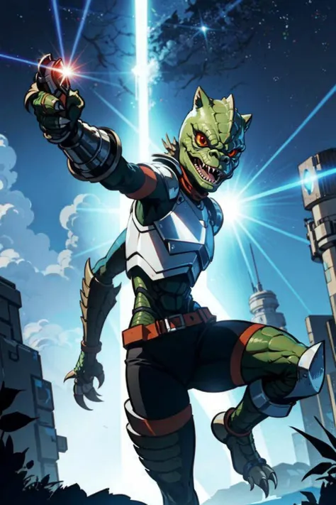 trandoshan alien female,metal armor,shooting laser<lora:Trandoshan:0.8>