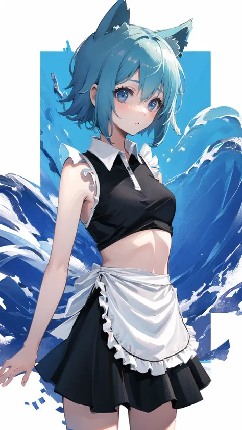 masterpiece, best quality, 1girl, <lora:nanami_ao_v1:1>, nanami ao, black dress, <lora:maid_bikini:0.7>, maid bikini, frills, apron, cowboy shot, white background, arms behind back,