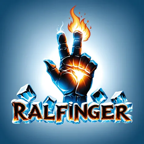 ("RalFinger" text logo:1.2), a hand made of ice making a fist with one finger up on fire, ice cubes style, 3d text, simple background <lora:dvr-ftl:0.8>