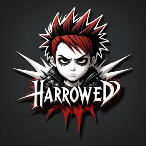 ("Harrowed" text logo:1.2), emo kid with hair died in red and white, leather jacket, 3d text, spikes, black and white theme, simple background <lora:dvr-ftl:0.5>