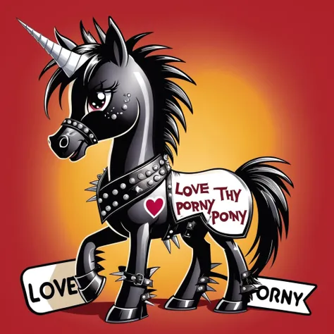 a fancy restaurant, a happy punk cartoon pony wearing leather and spikes, a sign that says ("LOVE THY PORNY" text logo) <lora:dvr-ftl:0.5>