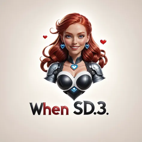 ("When SD3 ?" text logo:1.2), a smiling robot red hair woman wearing leather, braided hair, white text, black outline, floating logo, embossed text, character name, heart shape, fantasy, simple background <lora:dvr-ftl:0.8>