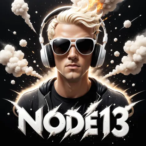 ("NODE13" text logo:1.2), a blonde short hair man wearing headphones and sunglasses, white, black, floating logo, embossed text, character name, dust explosion, fantasy, simple background <lora:dvr-ftl:0.8>