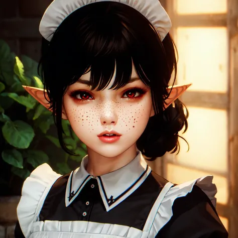 (masterpiece:1.2, best quality), Overknee Style, 1girl, black hair, (freckles), updo, red eyes, ((maid outfit:1.3)) (elf ears) <lora:overkneestyle-000009:0.69>