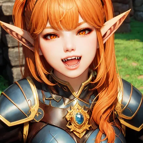 (masterpiece:1.2, best quality), 1girl, orange hair, long hair, hairband, orange eyes, leather armor, smiling, fangs, rawr, close up, (elf ears) <lora:overkneestyle-000009:0.69>