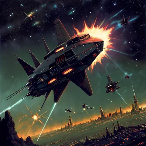 painting, ((clean lines)), <lora:RetroSpaceships:0.8>, ((symmetry)), ((insectoid design)), ((explosions)), ((missiles)), ((contrails)), ((sharp angles)), ((being shot at)), ((tracer rounds)), ((flying over a city)), ((engine exhaust)), ((desaturated)), spaceship, ((black hull)), ((realistic)), (Cinematic anime screencap,limited palette, :1.3), (best quality), (70s style:1.2), 1970, (retro:1.2), dramatic, 8k, deep shadows, photorealistic, no humans,vehicle focus,((limited palette)), flat color, (oil painting:1.16),(acrylic paint:1.16),((retrofuturism)),(science fiction), by ((Peter Elson)), ((Bruce Pennington)) <lora:theovercomer8sContrastFix_sd15:0.3>