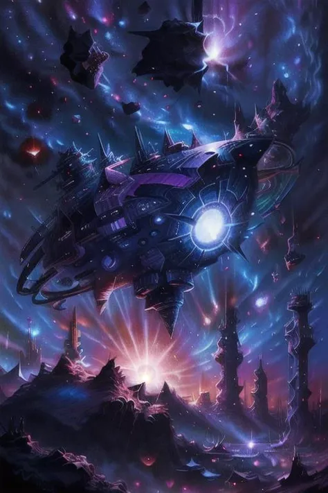 space ship mining an asteroid, large drill, industrial ship, <lora:RetroSpaceships:1> retrospaceships, nebula, supernova, space photography, black halo, retro, pastel galaxy, vivid colors, dark, floating, cosmic background, fantasy art, by RHADS, by Ismail Inceoglu, <lora:EntropyMagic:0.3> entropymagic <lora:CosmicEldritchTech:0.2> eldritchtech <lora:LowRA:0.1> <lora:add_detail:0.5> digital painting