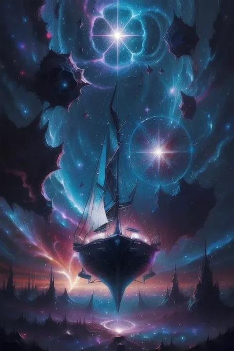 (sail boat), <lora:RetroSpaceships:0.7> retrospaceships, nebula sails, space magic, supernova technology, space photography, (dark halo), retro, pastel galaxy, vivid colors, dark, floating, cosmic background, fantasy art, by RHADS, by Ismail Inceoglu, <lora:EntropyMagic:0.3> entropymagic <lora:CosmicEldritchTech:0.2> eldritchtech <lora:LowRA:0.1> <lora:add_detail:0.5> digital painting