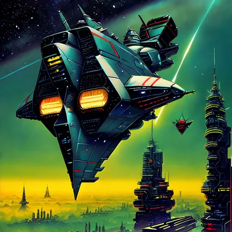 painting, ((clean lines)), <lora:RetroSpaceships:0.8>, ((insectoid design)), ((sharp angles)), ((flying over a city)), ((engine exhaust)), ((desaturated)), spaceship, ((black hull)), ((realistic)), (Cinematic anime screencap,limited palette, :1.3), (best quality), (70s style:1.2), 1970, (retro:1.2), dramatic, 8k, deep shadows, photorealistic, no humans,vehicle focus,((limited palette)), flat color, (oil painting:1.16),(acrylic paint:1.16),((retrofuturism)),(science fiction), by ((Peter Elson)), ((Bruce Pennington))