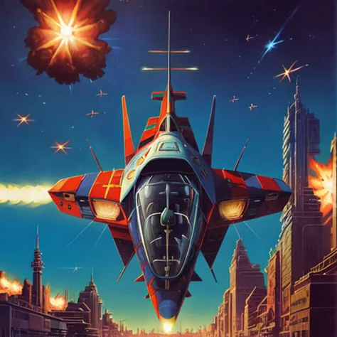 painting, ((clean lines)), <lora:RetroSpaceships:0.8>, ((symmetry)), ((organic design)), ((explosions)), ((missiles)), ((contrails)), ((sharp angles)), ((being shot at)), ((tracer rounds)), ((flying over a city)), ((engine exhaust)), ((desaturated)), spaceship, ((colorful hull)), ((realistic)), (Cinematic anime screencap,limited palette, :1.3), (best quality), (70s style:1.2), 1970, (retro:1.2), dramatic, 8k, deep shadows, photorealistic, no humans,vehicle focus,((limited palette)), flat color, (oil painting:1.16),(acrylic paint:1.16),((retrofuturism)),(science fiction), by ((Peter Elson)), ((Bruce Pennington)) <lora:theovercomer8sContrastFix_sd15:0.3>