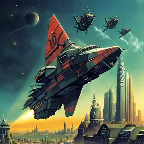 painting, ((clean lines)), <lora:RetroSpaceships:0.8>, ((symmetrical)), ((insectoid design)), ((sharp angles)), ((flying over a city)), ((engine exhaust)), ((desaturated)), spaceship, ((black hull)), ((realistic)), (Cinematic anime screencap,limited palette, :1.3), (best quality), (70s style:1.2), 1970, (retro:1.2), dramatic, 8k, deep shadows, photorealistic, no humans,vehicle focus,((limited palette)), flat color, (oil painting:1.16),(acrylic paint:1.16),((retrofuturism)),(science fiction), by ((Peter Elson)), ((Bruce Pennington))