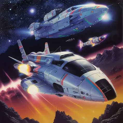 (Cinematic anime screencap,limited palette, :1.3) of (Ultra detailed:1.3),(best quality,masterpiece,highly detailed,ultra-detailed, (Analog Style photo:1.2) of a (futuristic military spaceship :1.3) , (80s style:1.2), 1980, (retro:1.2), dramatic, <lora:RetroSpaceships:0.7>,  spaceship, sleek design, ((symmetrical)), white hull, flying over a landscape, engine exhaust, detailed hull, 8k, intricately detailed, volumetric lighting, deep shadows, <lora:theovercomer8sContrastFix_sd15:0.6>, photorealistic, no humans,vehicle focus, unreal engin 5,octane render,(2D:1.2), limited palette flat color,, digital painting, artstation, concept art, smooth, sharp focus,, (oil painting:1.16),(acrylic paint:1.16),, by (nvinkpunk:1.0),(kuvshinov:1.0),(dreamlikeart:1.0),(samdoesart:1.0),(modelshoot style:1.0),studio ghibli,Shinkai Makoto,(__Hyperrealism:1.3),(__Photorealism:1.3),(Colorful:1.3),((retrofuturism)),(science fiction),dystopian Art,ultrafine,detailed,future tech,by Clarence Holbrook CArter,by Ed Emshwiller,CGSociety,