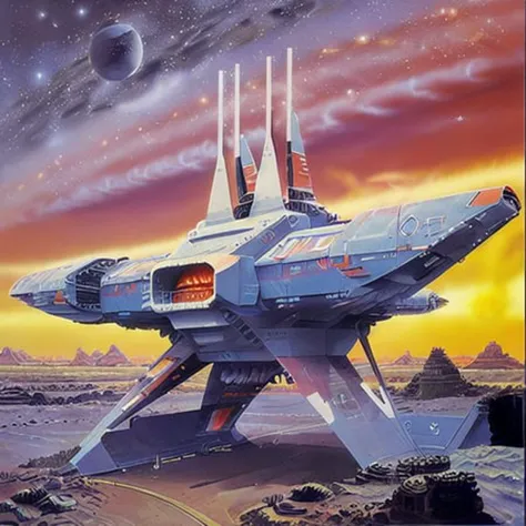((ringworld in background)), painting, ((clean lines)), <lora:RetroSpaceships:0.8>, ((box design)), ((symmetry)), ((sleek design)), ((extrusions)), ((engine exhaust)), ((desaturated)), spaceship, ((blue hull)), (((flying over lunar landscape))), ((realistic)), (Cinematic anime screencap,limited palette, :1.3), (best quality), (70s style:1.2), 1970, (retro:1.2), dramatic, 8k, deep shadows, photorealistic, no humans,vehicle focus,((limited palette)), flat color, (oil painting:1.16),(acrylic paint:1.16),((retrofuturism)),(science fiction), by ((Peter Elson)), ((Bruce Pennington))