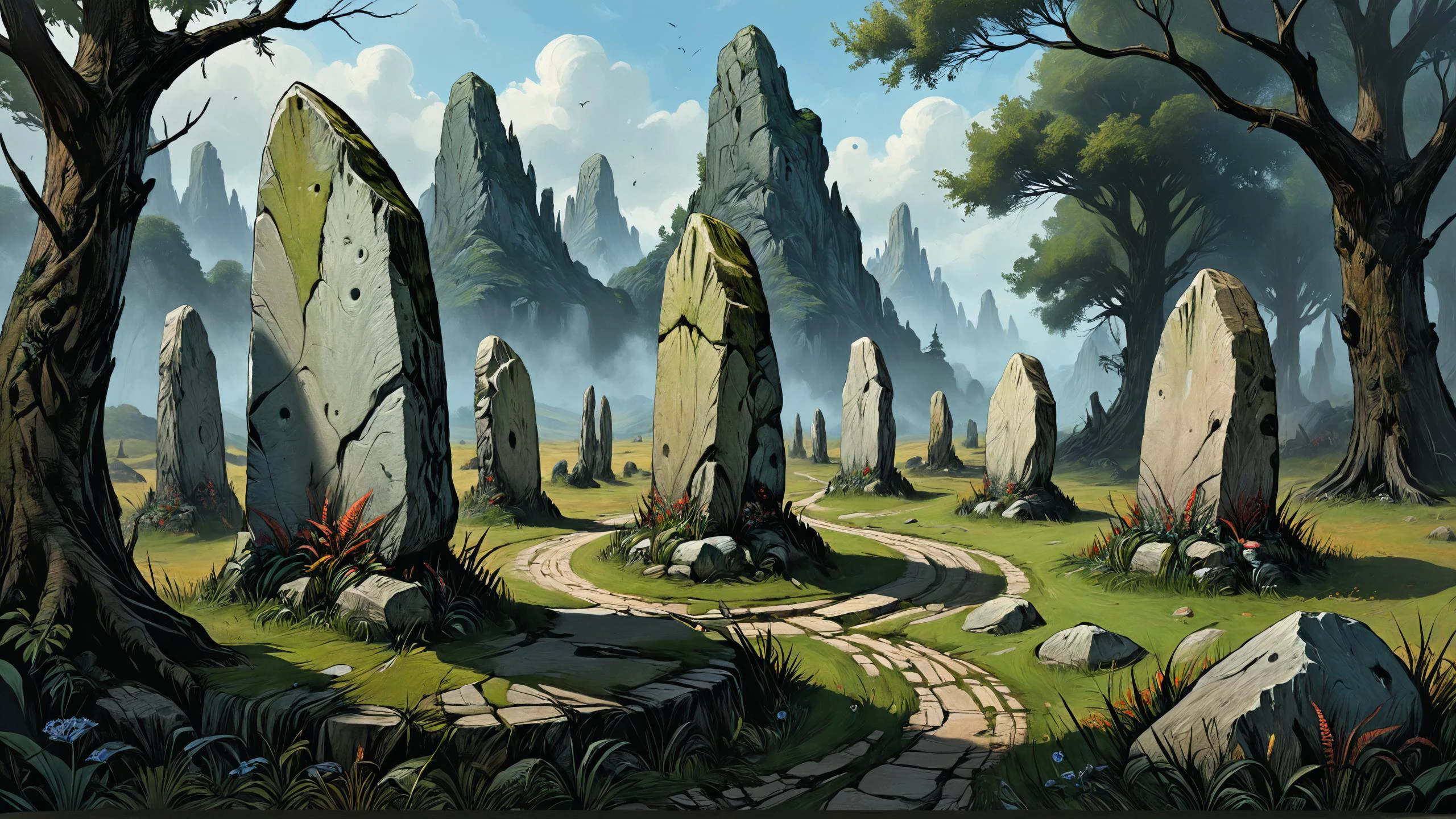 photorealistic detailed digital illustration of a circle of mad-vangoghian standing stones, Enchanted groves alive with sentient flora in the background,, best on artstation, cgsociety, wlop, Behance, pixiv, astonishing, impressive, outstanding, epic, cinematic, stunning, gorgeous, breathtaking fantasy art, masterpiece <lora:Colorful_VanGoghian_SDXL:0.8> <lora:detailed_notrigger:0.8> <lora:Dark_Novel:0.7>