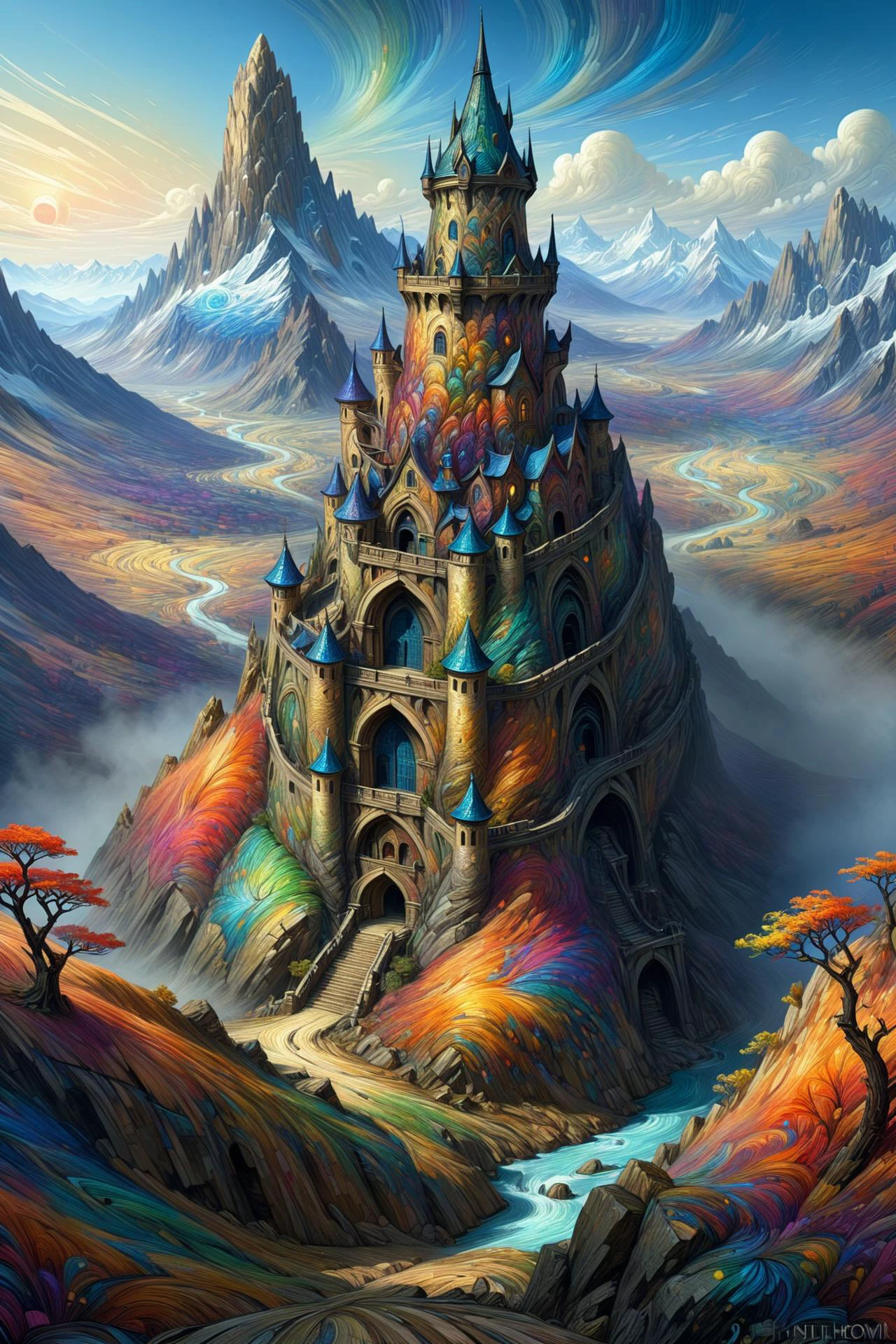 mad-vangoghian landscape, high_fantasy, mountain, mage_tower, crooked_structure, intricate_design, artist:john_howe, artist:hiro_ichi, color_palette:natural_mattes, tower_colorful, vibrant, magical, architecture_elaborate, enchantments, arcane_symbols, mystical_atmosphere, lighting_dramatic <lora:Colorful_VanGoghian_SDXL:1.2>, (masterpiece:1.2), best quality, (hyperdetailed, highest detailed:1.2), high resolution textures