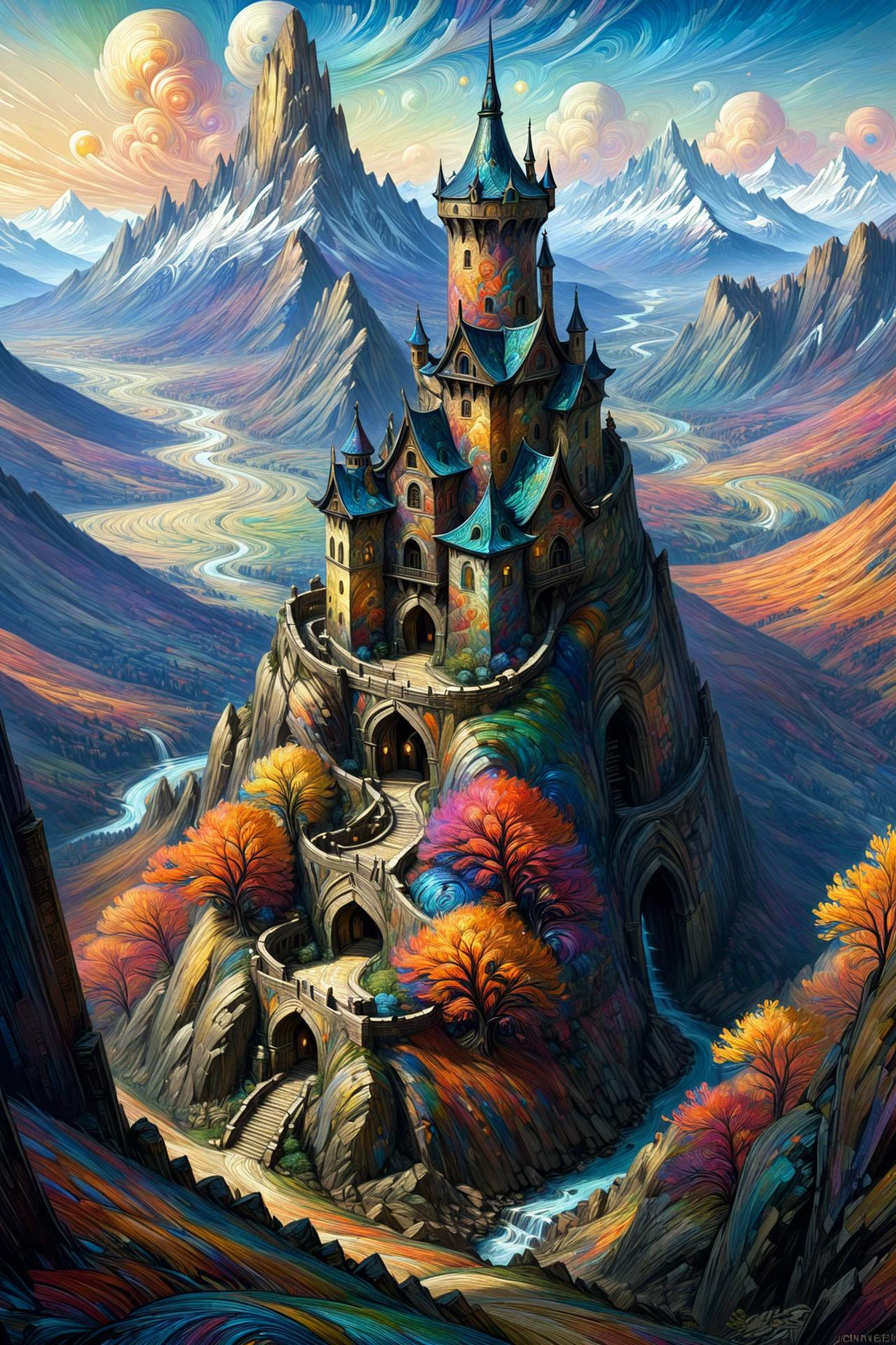 mad-vangoghian landscape, high_fantasy, mountain, mage_tower, crooked_structure, intricate_design, artist:john_howe, artist:hiro_ichi, color_palette:natural_mattes, tower_colorful, vibrant, magical, architecture_elaborate, enchantments, arcane_symbols, mystical_atmosphere, lighting_dramatic <lora:Colorful_VanGoghian_SDXL:1.2>, (masterpiece:1.2), best quality, (hyperdetailed, highest detailed:1.2), high resolution textures