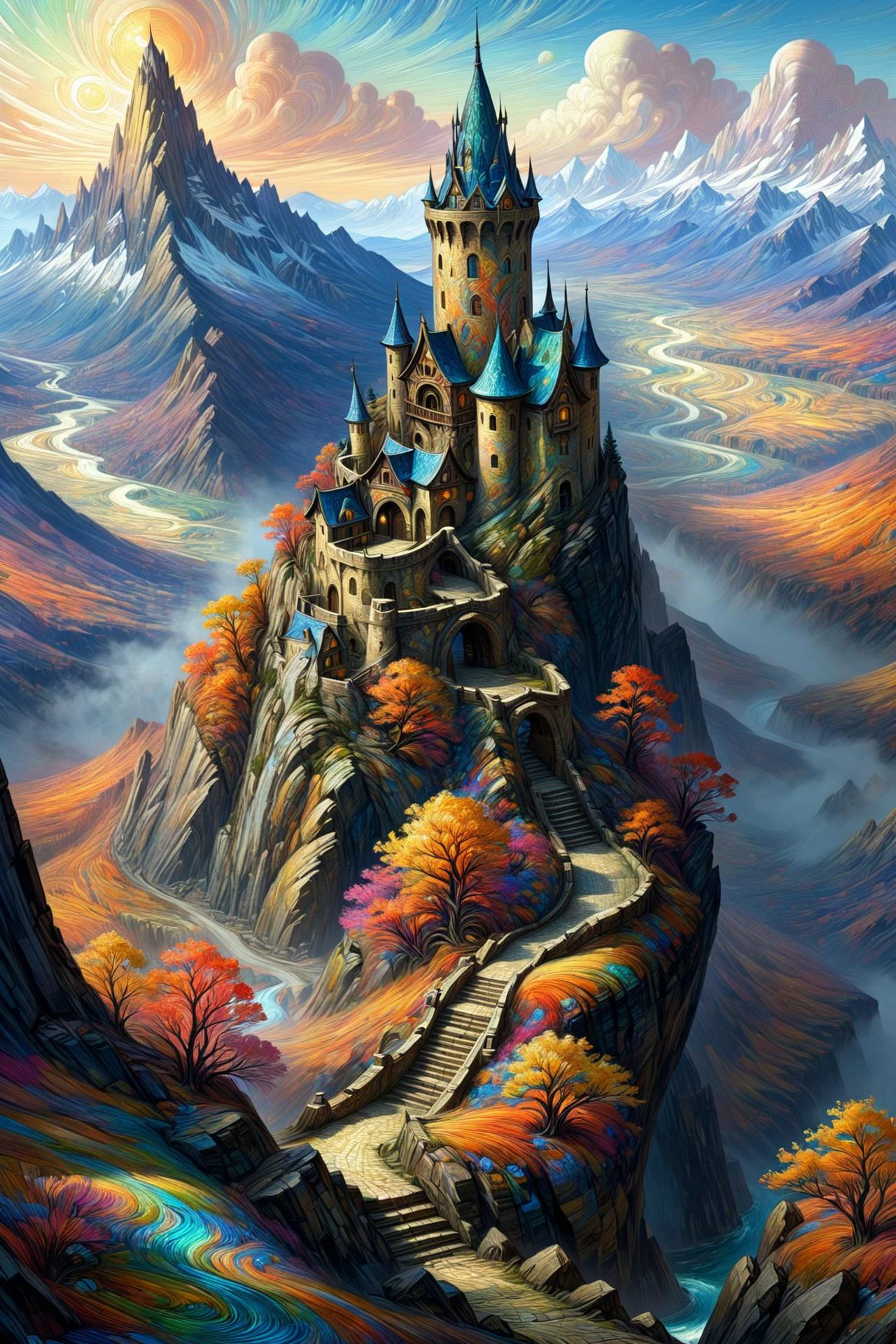 mad-vangoghian landscape, high_fantasy, mountain, mage_tower, crooked_structure, intricate_design, artist:john_howe, artist:hiro_ichi, color_palette:natural_mattes, tower_colorful, vibrant, magical, architecture_elaborate, enchantments, arcane_symbols, mystical_atmosphere, lighting_dramatic <lora:Colorful_VanGoghian_SDXL:1.2>, (masterpiece:1.2), best quality, (hyperdetailed, highest detailed:1.2), high resolution textures