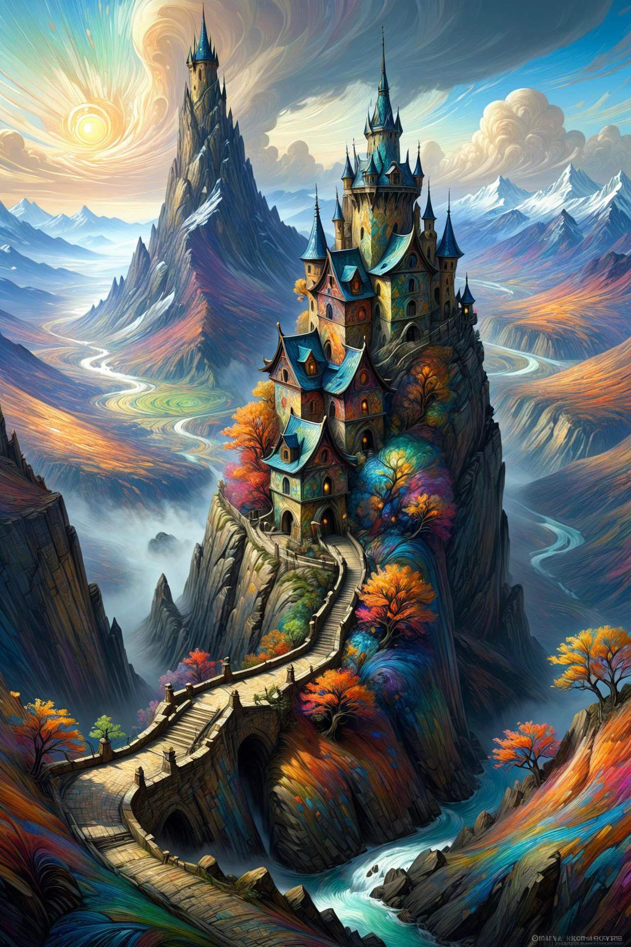 mad-vangoghian landscape, high_fantasy, mountain, mage_tower, crooked_structure, intricate_design, artist:john_howe, artist:hiro_ichi, color_palette:natural_mattes, tower_colorful, vibrant, magical, architecture_elaborate, enchantments, arcane_symbols, mystical_atmosphere, lighting_dramatic <lora:Colorful_VanGoghian_SDXL:1.2>, (masterpiece:1.2), best quality, (hyperdetailed, highest detailed:1.2), high resolution textures