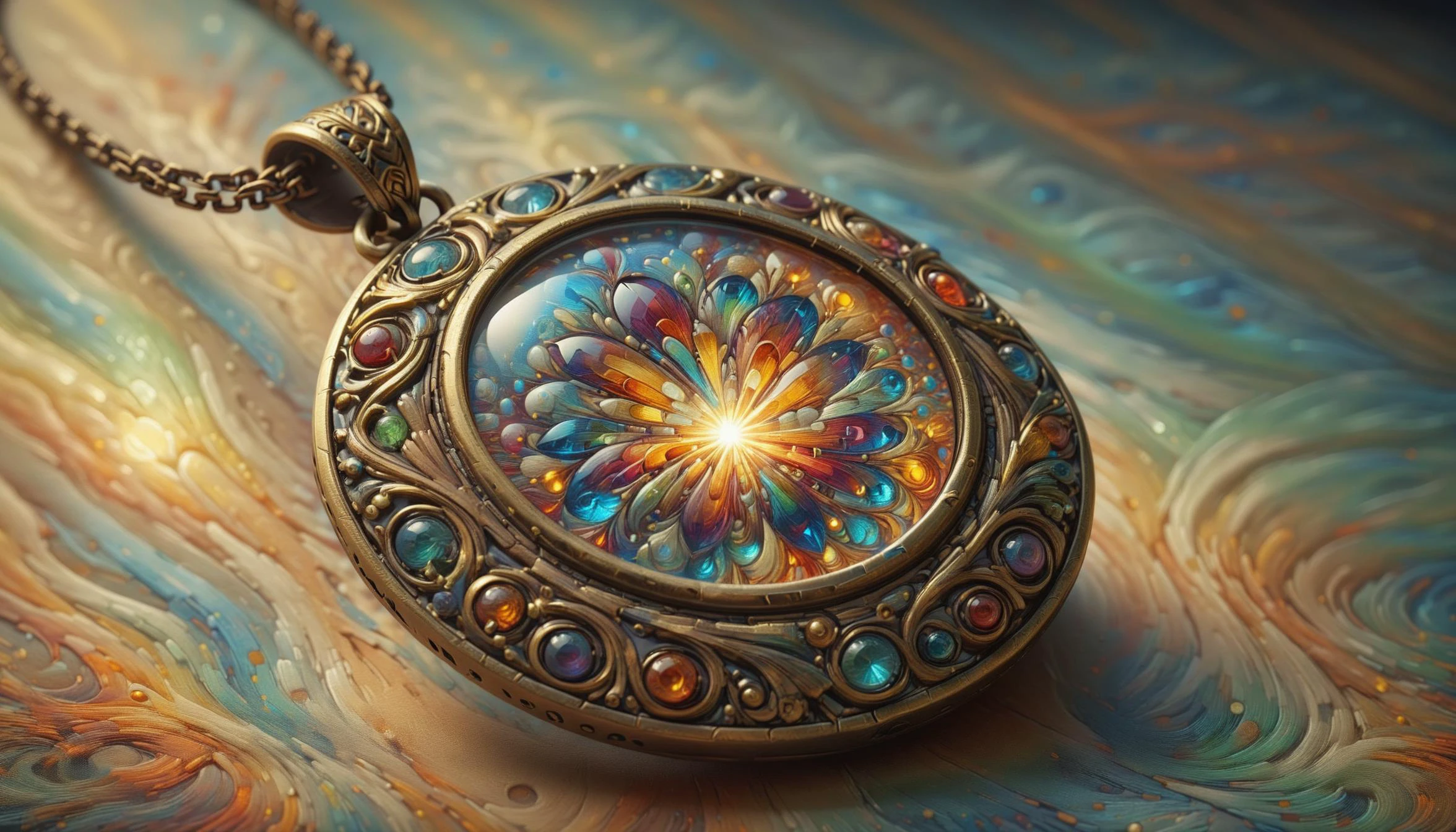 <lora:Colorful_VanGoghian_SDXL:0.8> mad-vangoghian , macro photo, sparkling magical fantasy magical necklace, light shines through, very detailed, amazing quality, intricate, cinematic light, highly detail, beautiful, surreal, dramatic, warm colors,