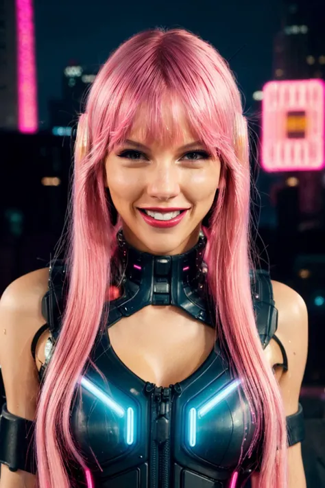 <lora:Taysway_V5-10:0.75> Taysway, smile, (fringe, long pink hair:1.2), (close up:1.4), vibrant neon city street background, dramatic shot, cinematic lighting, standing confidently, wearing a futuristic suit, with cybernetic enhancements like glowing neon lines on her arms, digital effects around her, (cyberpunk:1.2), (neon:1.1), (futuristic:1.1), (gritty:1.1)