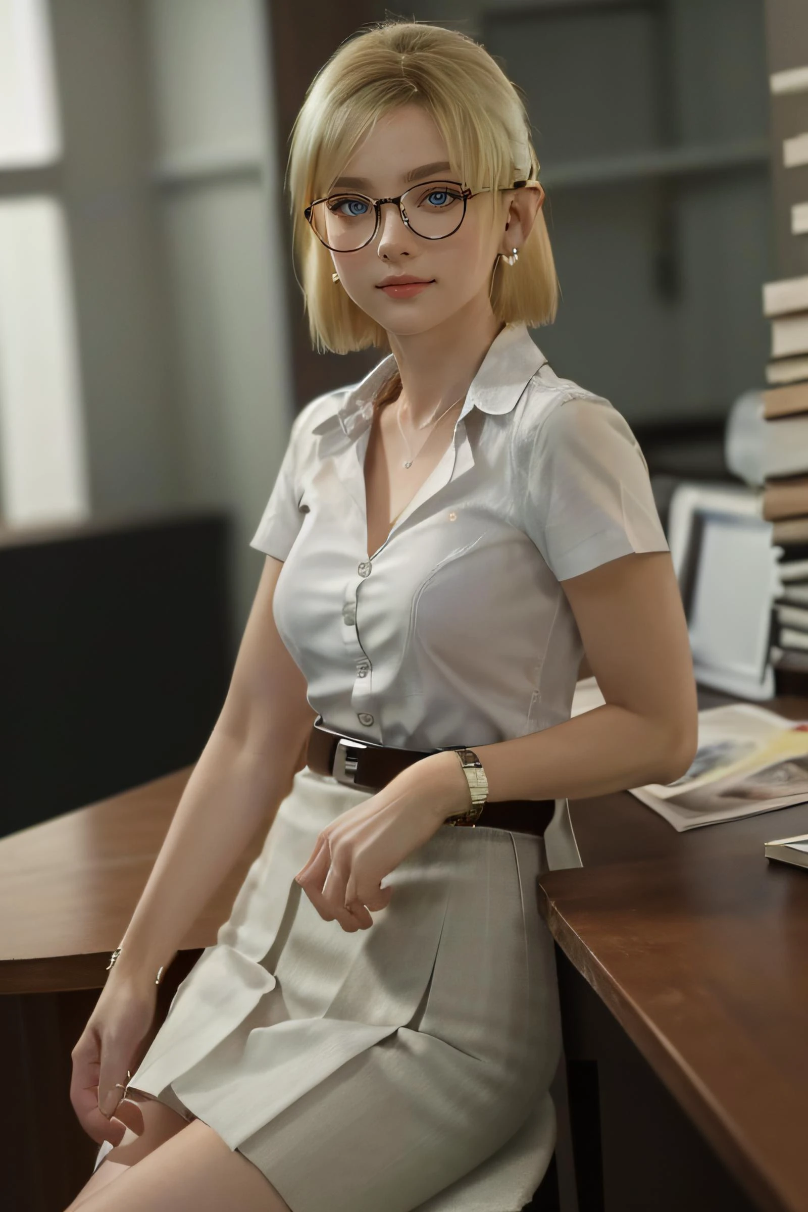 masterpiece, best quality, highres,(masterpiece:1.0),(best_quality:1.0), ultra high res,4K,ultra-detailed, photography, 8K, HDR, highres, (absurdres:1.2), Kodak portra 400, film grain, blurry background, (bokeh:1.2), lens flare, (vibrant_color:1.2),professional photograph, (beautiful_face:1.5), <lora:mahalaiuniform:0.8> mahalaiuniform,(White shirt short sleeves:1.2), (Black pleated skirt:1.2), (Black pencil skirt:1.2), (Belt:1.2), <lora:Jessica McCarney:0.6> JessicaMcCarney, blonde hair, short hair, glasses, jewelry, earrings, necklace, breasts,