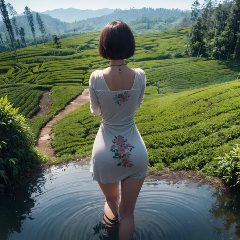 (masterpiece:1.3), (best quality:1.2), 8k, unity 8k wallpaper, (extremely detailed:1.3), highestres, highres, Amazing, illustration, beautiful studio soft light, 1girl, solo, skinny beautiful girl, (tea plantation:1.3), light particles, reflection, slender ass, pixie haircut, from behind, rear view, perfect eyes, perfect face