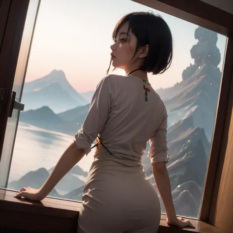 (masterpiece:1.3), (best quality:1.2), 8k, unity 8k wallpaper, (extremely detailed:1.3), highestres, highres, Amazing, illustration, beautiful studio soft light, 1girl, solo, skinny beautiful girl, (Mt Chomolungma or Qomolangma (Tibetan):1.3), light particles, reflection, slender ass, pixie haircut, from behind, rear view, perfect eyes, perfect face