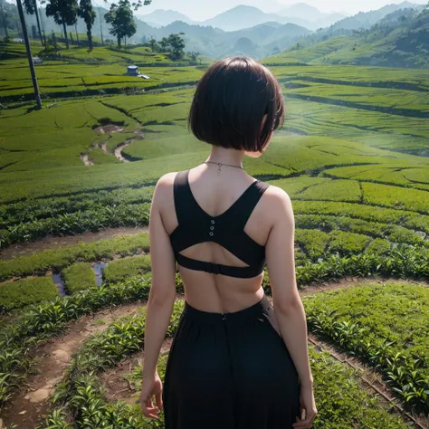 (masterpiece:1.3), (best quality:1.2), 8k, unity 8k wallpaper, (extremely detailed:1.3), highestres, highres, Amazing, illustration, beautiful studio soft light, 1girl, solo, skinny beautiful girl, (tea plantation:1.3), light particles, reflection, slender ass, pixie haircut, from behind, rear view, perfect eyes, perfect face