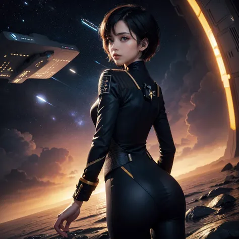(masterpiece:1.3), (best quality:1.2), 8k, unity 8k wallpaper, (extremely detailed:1.3), highestres, highres, Amazing, illustration, beautiful studio soft light, 1girl, solo, skinny beautiful girl, (Starfleet in the depths of the galaxy:1.3), light particles, reflection, slender ass, pixie haircut, from behind, rear view, perfect eyes, perfect face