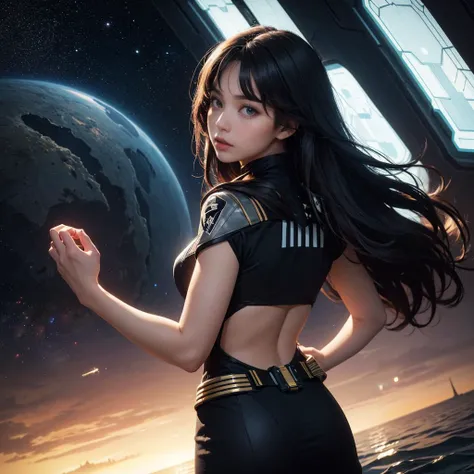 (masterpiece:1.3), (best quality:1.2), 8k, unity 8k wallpaper, (extremely detailed:1.3), highestres, highres, Amazing, illustration, beautiful studio soft light, 1girl, solo, skinny beautiful girl, (Starfleet in the depths of the galaxy:1.3), light particles, reflection, slender ass, pixie haircut, from behind, rear view, perfect eyes, perfect face