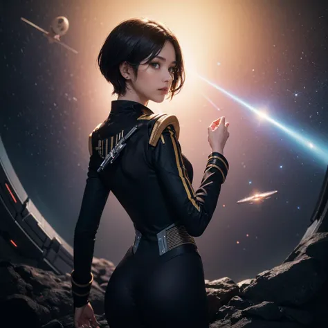(masterpiece:1.3), (best quality:1.2), 8k, unity 8k wallpaper, (extremely detailed:1.3), highestres, highres, Amazing, illustration, beautiful studio soft light, 1girl, solo, skinny beautiful girl, (Starfleet in the depths of the galaxy:1.3), light particles, reflection, slender ass, pixie haircut, from behind, rear view, perfect eyes, perfect face