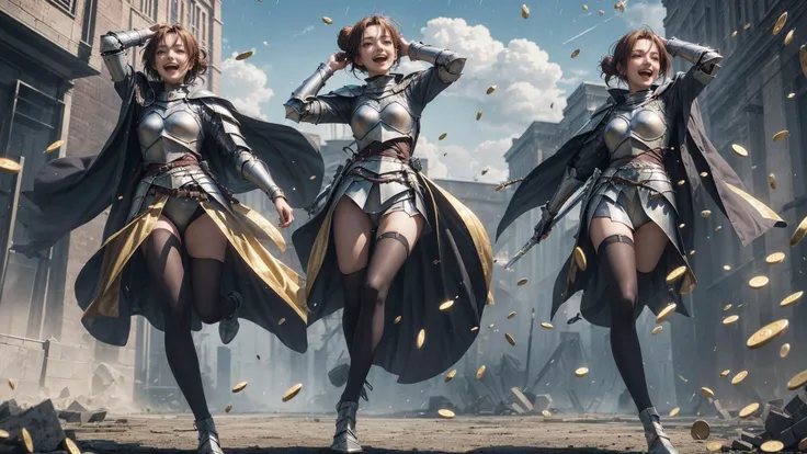 Black girl, 19 years old, realistic skin, short afro hair, dressed in a peach armour dress and high heeled peach boots, doing fighting stunts
