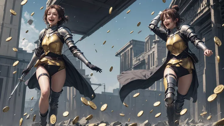 <lora:that is me:0.3>, 1girl,solo, (running Lady Knight, raining gold coins from the sky, gold coins crashing down on the head of the female knight, the female knight holding her head in delight, grand epic scene):1.6, beautiful face,long hair,cinemagraph, close-up, Wide Angle, movieer, movie theacrazy laugh, crazy, full body, short hair, hair bun,
from below,masterpiece,best quality,official art,extremely detailed CG unity 8k wallpaper, sharpening, <lora:run:0.6>run,running,sky,coins,
<lora:add_detail ç»èè°èå¨:0.5>