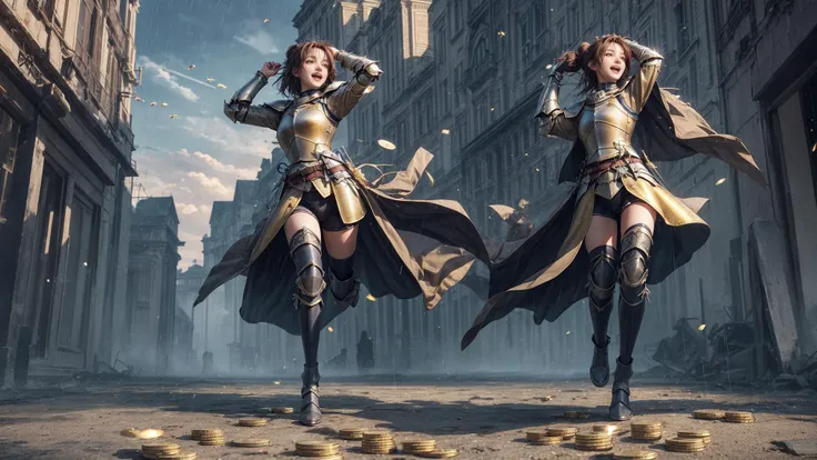 <lora:that is me:0.3>, 1girl,solo, (running Lady Knight, raining gold coins from the sky, gold coins crashing down on the head of the female knight, the female knight holding her head in delight, grand epic scene):1.6, beautiful face,long hair,cinemagraph, close-up, Wide Angle, movieer, movie theacrazy laugh, crazy, full body, short hair, hair bun,
from below,masterpiece,best quality,official art,extremely detailed CG unity 8k wallpaper, sharpening, <lora:run:0.6>run,running,sky,coins,
<lora:add_detail ç»èè°èå¨:0.5>