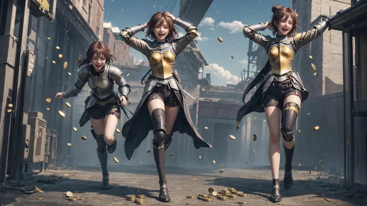 <lora:that is me:0.3>, 1girl,solo, (running Lady Knight, raining gold coins from the sky, gold coins crashing down on the head of the female knight, the female knight holding her head in delight, grand epic scene):1.6, beautiful face,long hair,cinemagraph, close-up, Wide Angle, movieer, movie theacrazy laugh, crazy, full body, short hair, hair bun,
from below,masterpiece,best quality,official art,extremely detailed CG unity 8k wallpaper, sharpening, <lora:run:0.6>run,running,sky,coins,
<lora:add_detail ç»èè°èå¨:0.5>