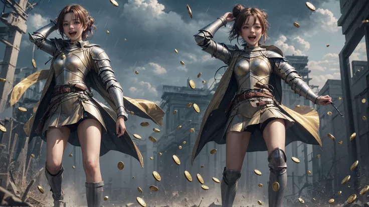 <lora:that is me:0.3>, 1girl,solo, (running Lady Knight, raining gold coins from the sky, gold coins crashing down on the head of the female knight, the female knight holding her head in delight, grand epic scene):1.6, beautiful face,long hair,cinemagraph, close-up, Wide Angle, movieer, movie theacrazy laugh, crazy, full body, short hair, hair bun,
from below,masterpiece,best quality,official art,extremely detailed CG unity 8k wallpaper, sharpening, <lora:run:0.6>run,running,sky,coins,
<lora:add_detail ç»èè°èå¨:0.5>