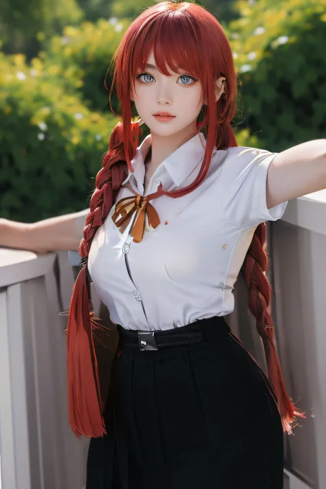 masterpiece, best quality, highres,(masterpiece:1.0),(best_quality:1.0), ultra high res,4K,ultra-detailed, photography, 8K, HDR, highres, (absurdres:1.2), Kodak portra 400, film grain, blurry background, (bokeh:1.2), lens flare, (vibrant_color:1.2),professional photograph, (beautiful_face:1.5), <lora:Makima:0.9> makima \(chainsaw man\), (red hair)+(long braided hair)+(bangs), yellow eyes, golden eyes, ((ringed eyes)), <lora:mahalaiuniform:0.8> mahalaiuniform,White shirt short sleeves, Black pleated skirt,Black pencil skirt, Belt