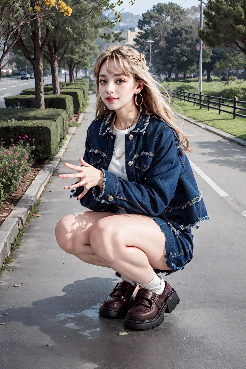 <lora:Common1:0.72>, (((Common,denim jacket,jewelry,denim skirt,denim,earrings,blue jacket,blue skirt,sleeves past wrists,long sleeves,white shirt,necklace)), lipstick, (very long hairs, bow hairs, blonde color hairs )):1.22,
BREAK ((((1woman)), young woman, adorable, clear face, young face, solo)), (((full body))):1.33, ((milky skin, woman hands, good hands, good anatomy)),
((warm smile, a woman squatting on water, holding a yellow flower)):1.15,
BREAK soft light, cinematic lighting, detailed(shadow, glow),
BREAK <lora:add_detail:0.5>, extremely detailed, ,4K, CG, finely detailed, (masterpiece, best quality):2.0, ((photorealistic:1.15)),
BREAK <lora:multi_sagging_v5:0.9>, ((sagging breasts, huge breasts)), <lora:Good Hands LoRA v0.1:0.7>,
((outdoors, scenery, city , street, sidewalk, pedestrian, cozy, wind, trees, water reflect)),