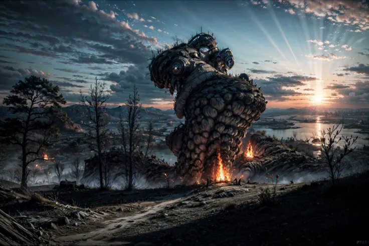 scenery, (8k), scenery, mountain, cloud, blooming, sunlight, cozy, ((wind)):1.35, flowers, trees on fire,
BREAK soft light, cinematic lighting, detailed(shadow),
extremely detailed, CG, finely detailed, (masterpiece, best quality):2.0, ((photorealistic:1.15)),
BREAK <lora:more_details:0.7>, <lora:æåºæ°å´v3:0.9>, bfbfbf, (fire, flame):1.2, no humans,