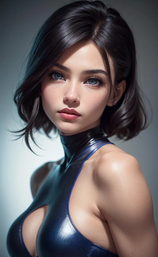 wife, 40-years old, upper body, light purple airy hair, messy hairstyle, white low-cut dress with small blue details, full lips, beautiful girl with long eyelashes and purple eyes, jewel eyes, Waist-highPortrait of an exotic beautiful woman wearing trendy clothing, perfectly detailed face, perfect eyes, detailed symmetric hazel eyes with circular iris, beautiful and stunning body, perfect anatomy, masterpiece, high quality, realistic, stunning realistic photograph, 3d render, octane render, cinematic, trending on artstation, Isometric, Centered hyperrealistic cover photo, awesome full colour, dark, 12k, high definition, cinematic, neoprene, Behance contest winner, portrait featured on Unsplash, stylized digital art, smooth, ultra high definition, 8k, unreal engine 5, ultra sharp focus, hyperrealistic cover photo, intricate artwork masterpiece, epic, TanvirTamim, trending on artstation, by artgerm, h. r. giger and Beksinski, highly detailed, vibrant