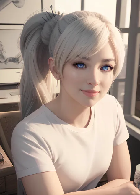 <lora:weissSchneeRWBY_v10:1> weiss schnee, side ponytail, scar across eye, unamused, sitting on a desk, t-shirt, jean shorts, bedroom, bookshelf, Computer, (masterpiece, best quality:1.4), (modern days), (cowboy shot), 1girl, solo, pov, sfw, stunning girlfriend, (standing:1.1), dynamic pose, heart shaped face, elegant face, beautiful face, highly detailed face, highly detailed skin, skin pores, subsurface scattering, realistic pupils, medium breast, loving smile, looking at viewer, full face blush, full lips, detailed background, depth of field, atmospheric perspective, volumetric lighting, sharp focus, absurdres, realistic proportions, good anatomy, (realistic, hyperrealistic:1.4), 16k hdr,