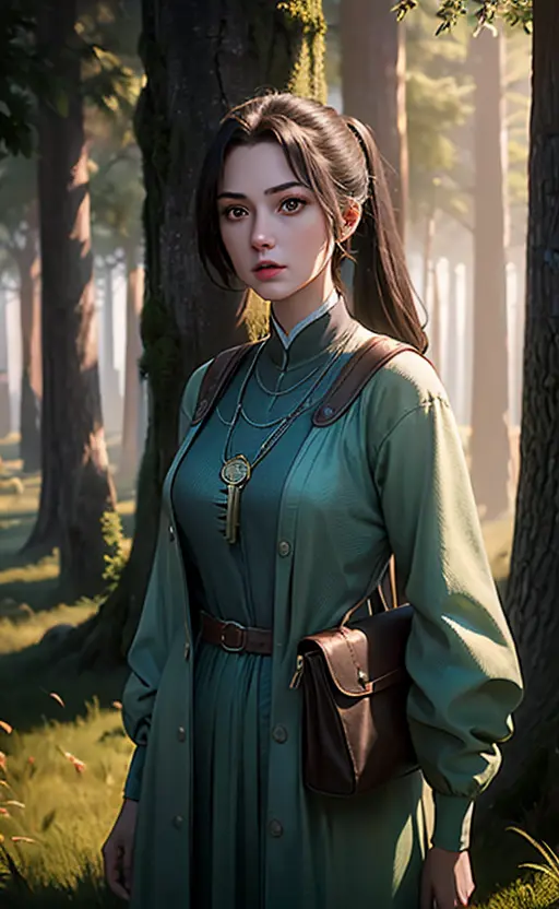 a Hyper realistic image of a 18year old girl wearing a bag holding an Ancient key In a forest, 32k, High Quality, Vibrant colors, global illumination, cinematic Lighting, atmospheric Fog <lora:aki-000007:0.65>