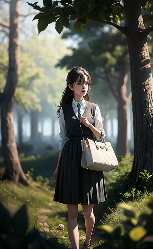 a Hyper realistic image of a 18year old girl wearing a bag holding an Ancient key In a forest, 32k, High Quality, Vibrant colors, global illumination, cinematic Lighting, atmospheric Fog <lora:aki-000007:0.65>