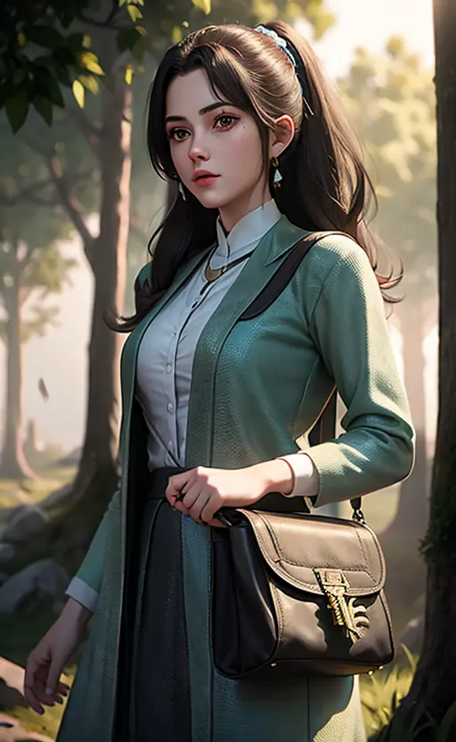 a Hyper realistic image of a 18year old girl wearing a bag holding an Ancient key In a forest, 32k, High Quality, Vibrant colors, global illumination, cinematic Lighting, atmospheric Fog <lora:aki-000007:0.65>